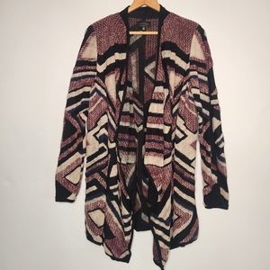 Lucky Brand Purple, Black and Tan Intarsia Geometric Open Sweater